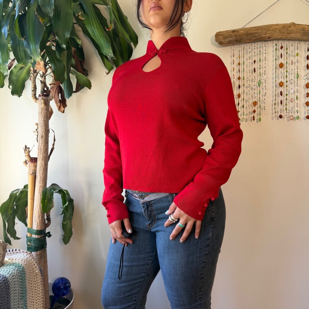 Talbots Red Silk Mandarin Collar Keyhole Frog Closure Sweater XL 90s Y2K Chinese